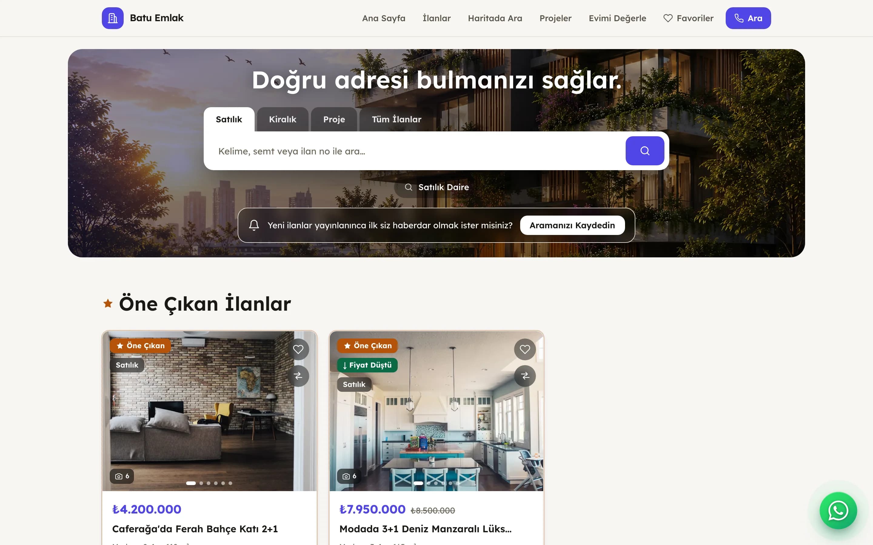 Örnek bir emlak ofisinin EMLAKPRESS ile hazırlanmış vitrin sitesi: arama alanı ve öne çıkan ilanlar.
